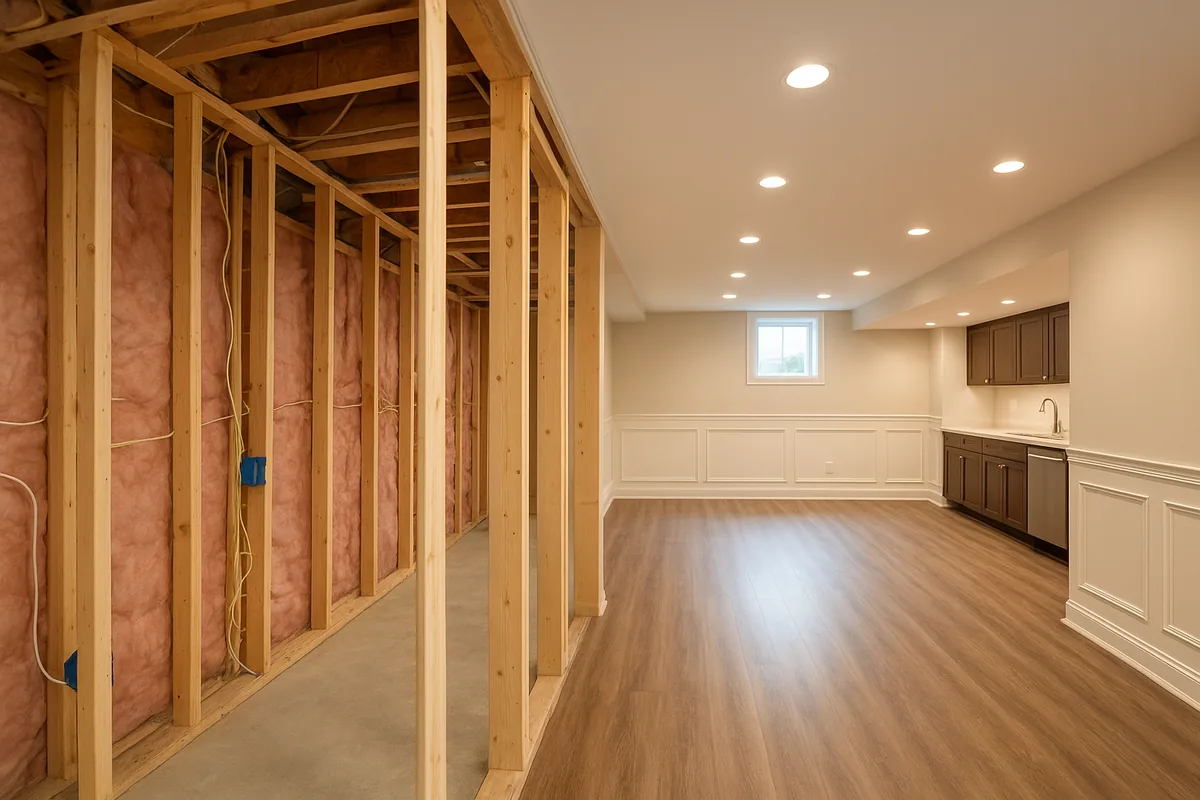 Basement remodel in Media, PA mid-project — framed and wired stud walls on one side, finished basement with recessed lighting and plank flooring on the other