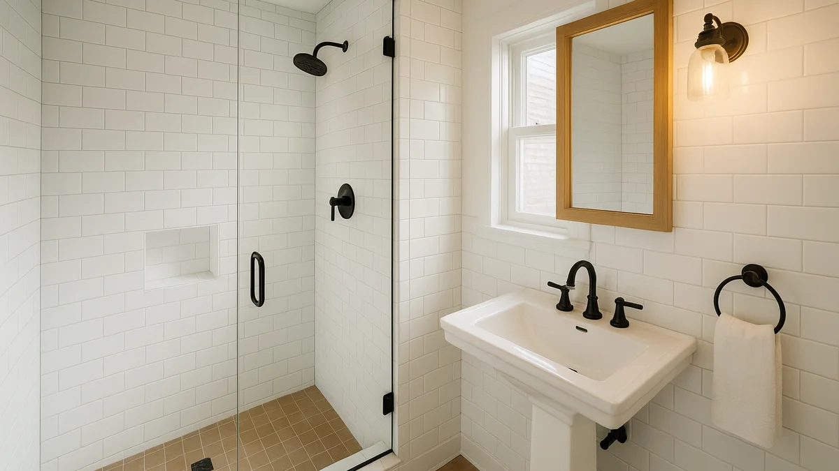 Newly renovated bathroom in a West Chester, PA borough rowhome with a tiled walk-in shower, subway tile, and a pedestal-style vanity lit by natural daylight