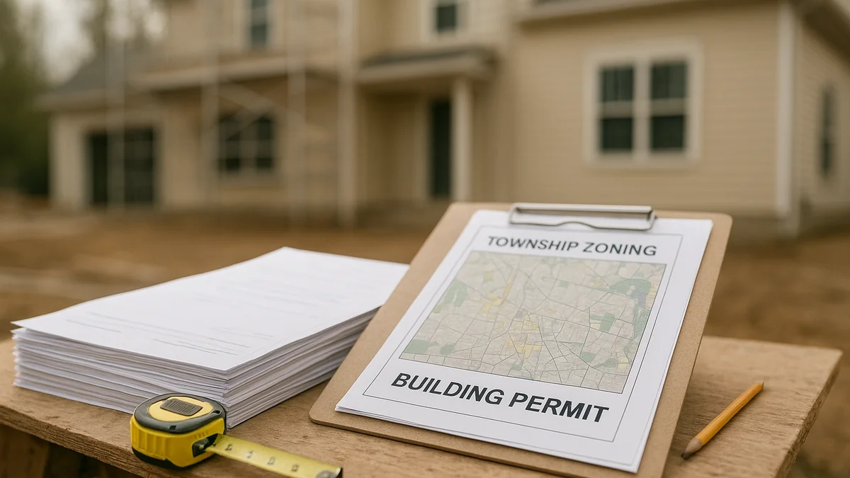 Building permit paperwork and a township zoning map spread on a table at a Delaware County, PA job site