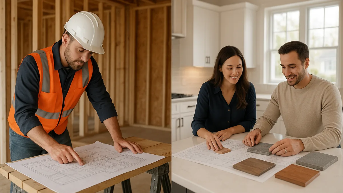 Split scene comparing a general contractor reviewing blueprints on a framed-out jobsite with a design-build team reviewing the same plans in a finished Delaware County kitchen
