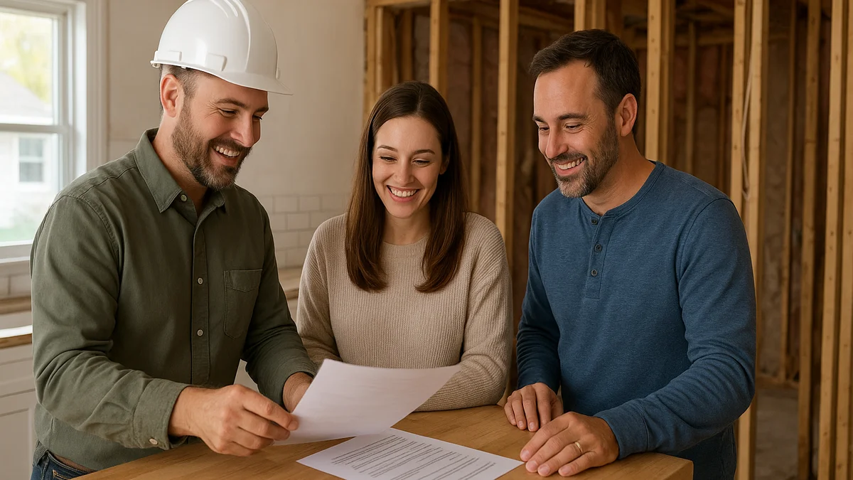General contractor and homeowners reviewing a contract and checklist together in a partially renovated Pennsylvania kitchen
