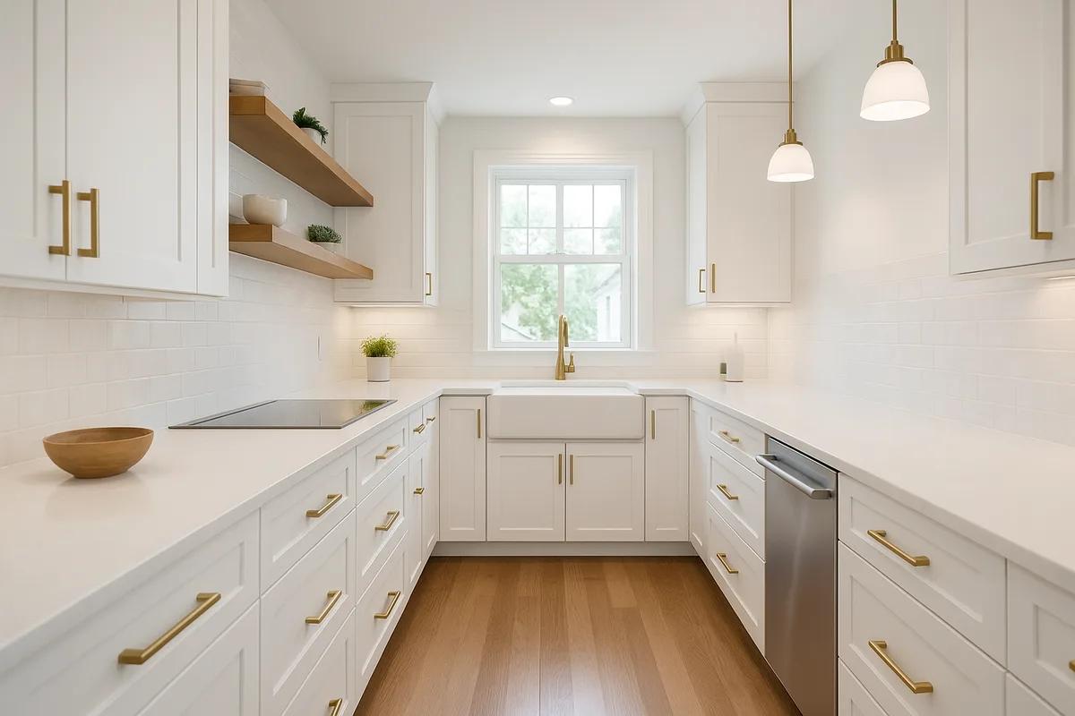 Bright galley-style kitchen remodel in a Delaware County, PA twin home, with parallel white shaker cabinet runs, a farmhouse sink under a window, and brass hardware