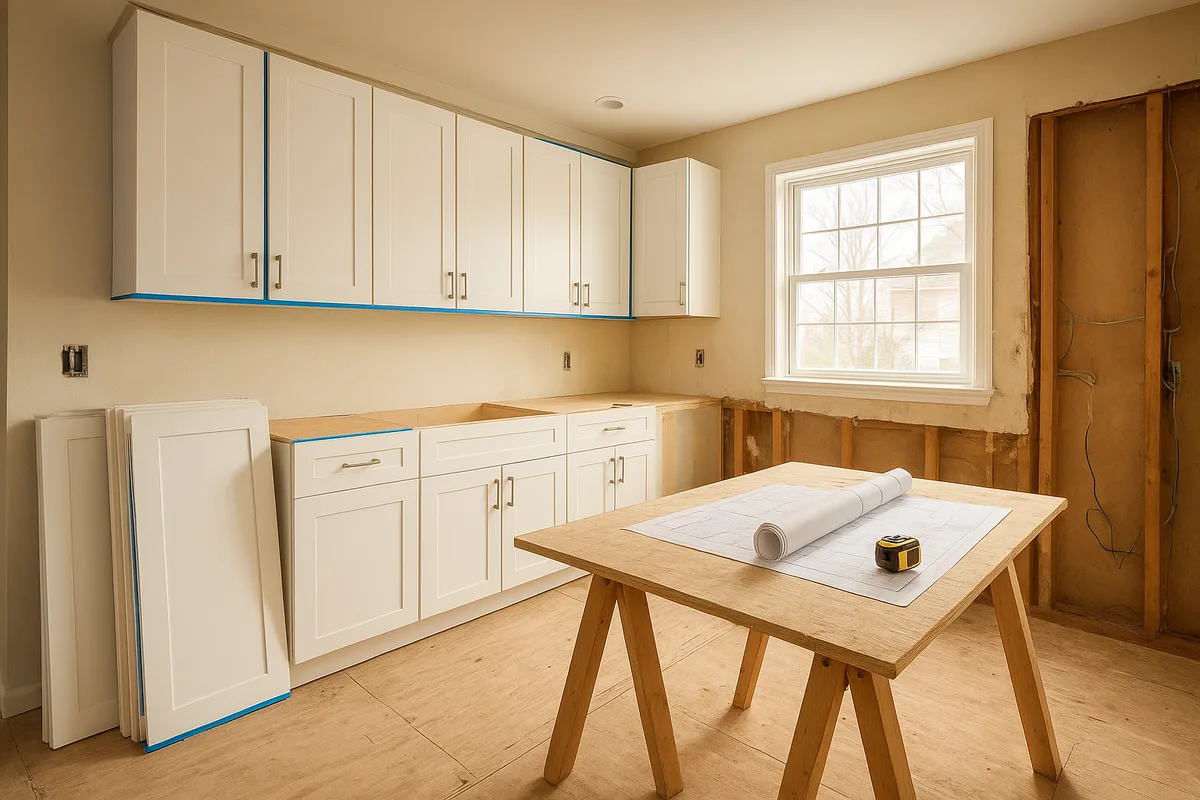 Mid-renovation kitchen in a Media, PA home — new shaker cabinets freshly installed on one side, exposed subfloor and rough wiring on the other
