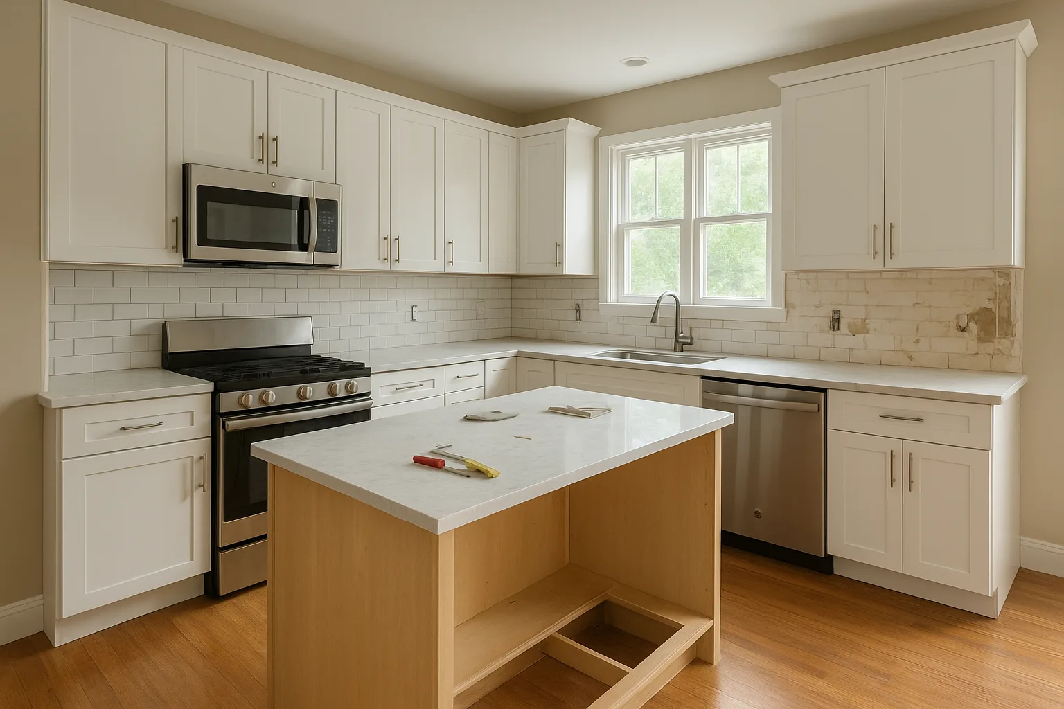 Renovated kitchen in a West Chester, PA borough rowhome with a galley layout along two walls, white shaker cabinets, and the range relocated to an exterior wall beneath a window