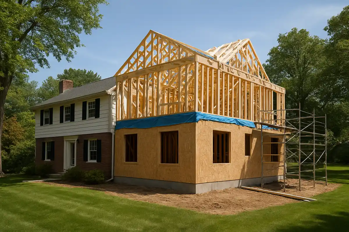 Second-story home addition under construction on a Delaware County, PA colonial — new second-floor framing and roof trusses being built above the existing first floor, scaffolding along the exterior wall