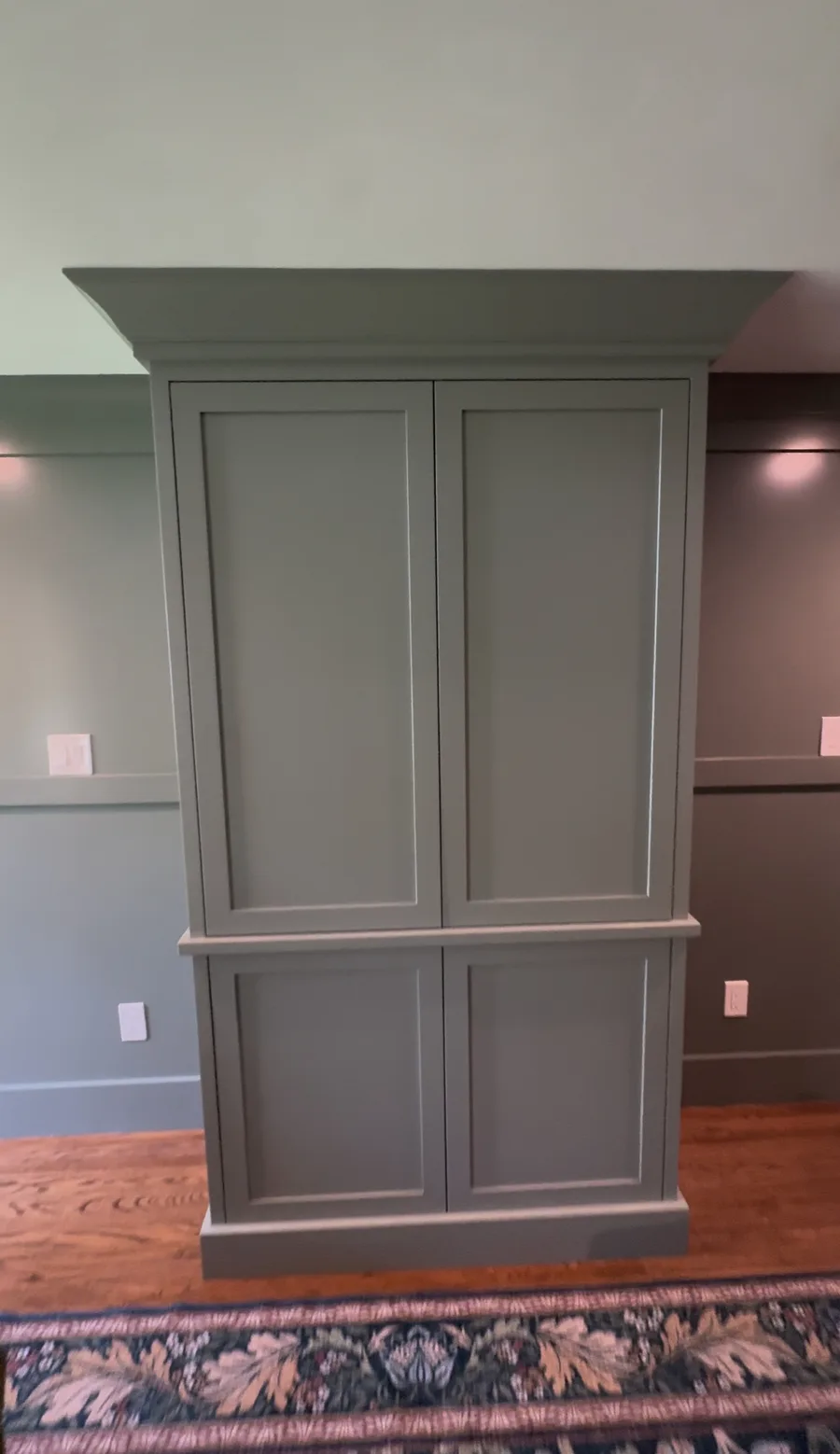 Freestanding painted cabinet with panel wall background, Newtown Square family room